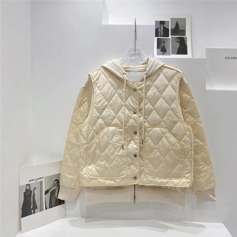 

Новинка Зима 2021, Модный свитшот с капюшоном и кулиской, хлопковая куртка, жилет из двух предметов, женский модный свободный пуховик со страз...