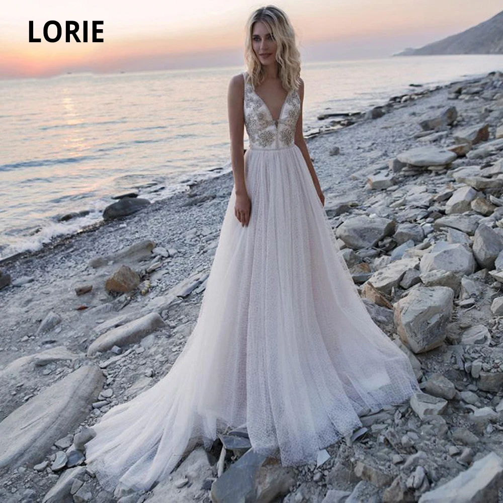 

LORIE 2020 Beach Beading Wedding Dresses Boho Sleeveless Open Back Sweep Train V-neck Princess Bridal Gowns Plus Size Customized