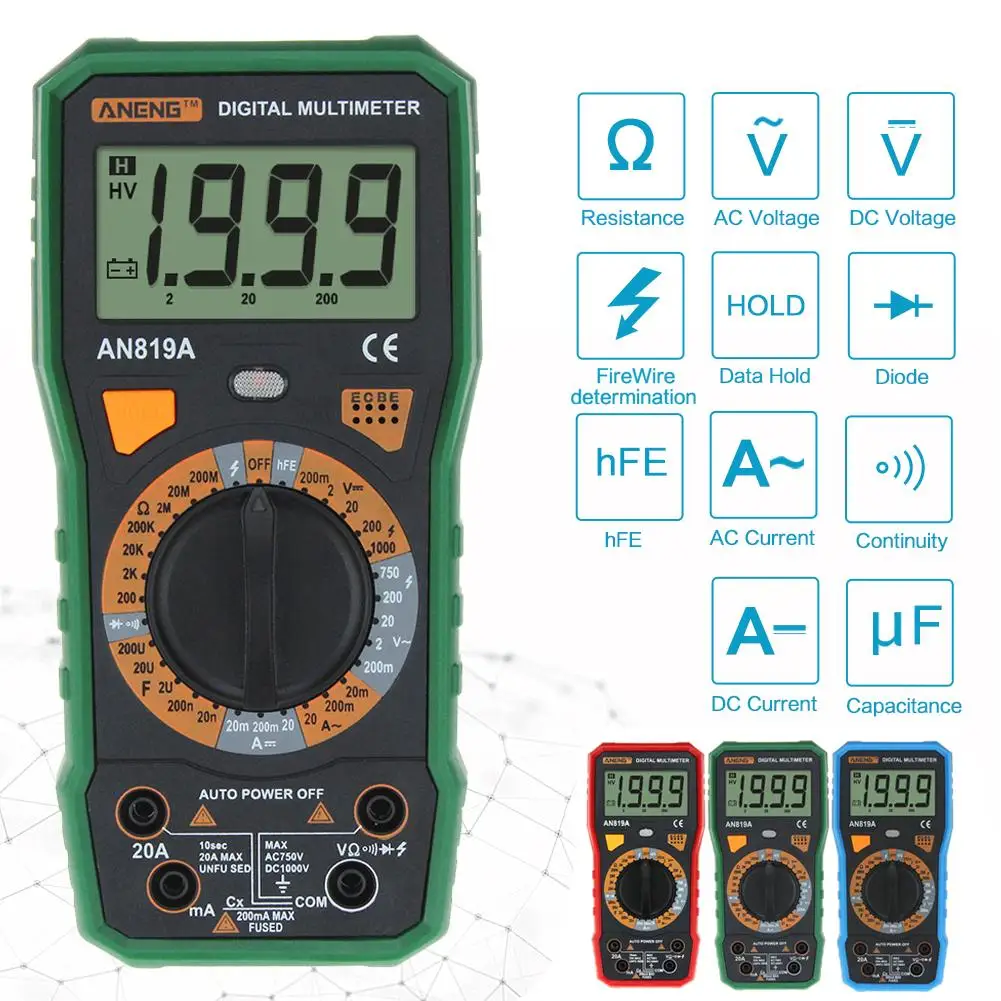 AN819A цифровой мультиметр AC/DC тестер напряжения Амперметр Вольтметр 3 цвета