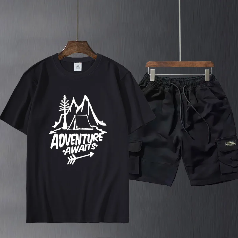

Men's short sleeve suit pants Adventure Awaits Letter T-shirt Travel, Pine Tree, Mountains, Tent Printing T-shirt Top Quality