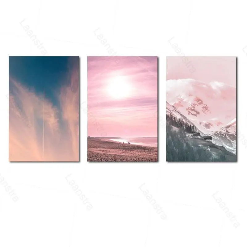 

Canvas Painting Scandinavian Poster Pink Ocean Seascape Nordic Pink Beach Sky HD Prints Wall Art Decoration Picture Home Decor