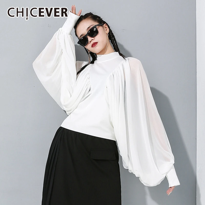 CHICEVER Корейская элегантная шифоновая футболка женская с воротником-стойкой и