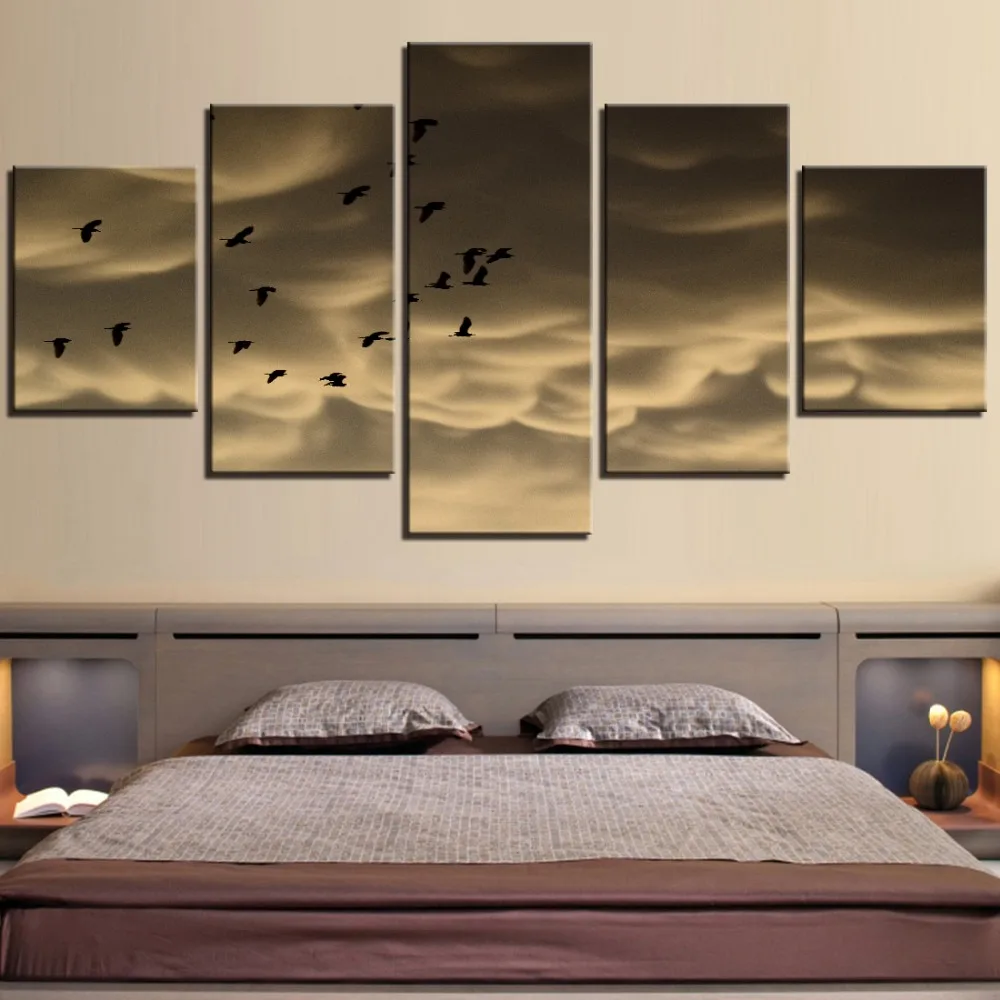 

5 Pieces Birds Canvas Painting Clouds Wallpapers Wind Pictures Sky Landscape Posters Migrate For Home Room Decor Artwork Animal