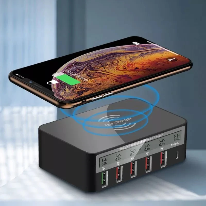 

Universal Type C Qi Wireless Charger 5 USB Ports QC 3.0 Fast Charger USB Charging Station Dock LCD Voltage Current Display