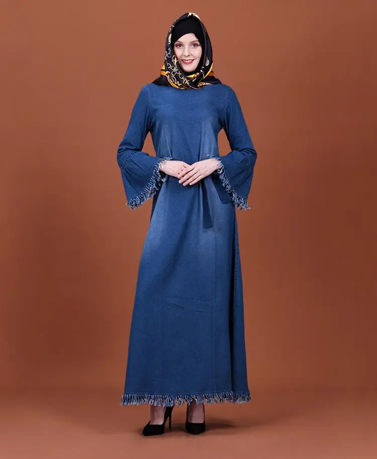 Мусульманское платье макси Abaya джинсовый кафтан Исламский длинный вечерний
