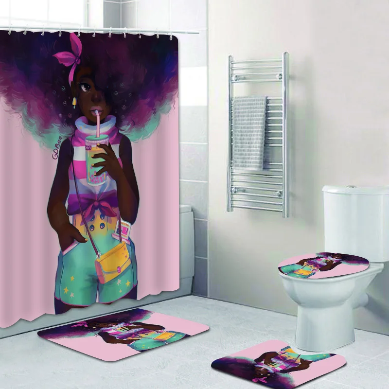 

4PCS Black Girl Holding Boba Tea Afro Shower Curtain Bathroom Decor African American Bathroom Curtain Set with Bath Mat Toilet