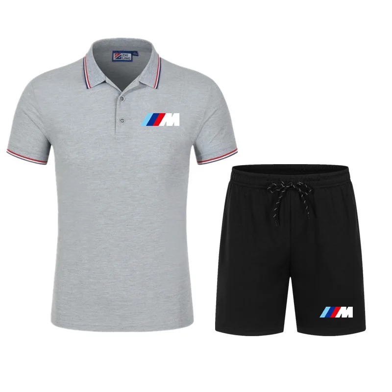 

2021 summer men's new sportswear polo suit men's lapel short-sleeved top fitness polo shirt + beach pants two-piece suit