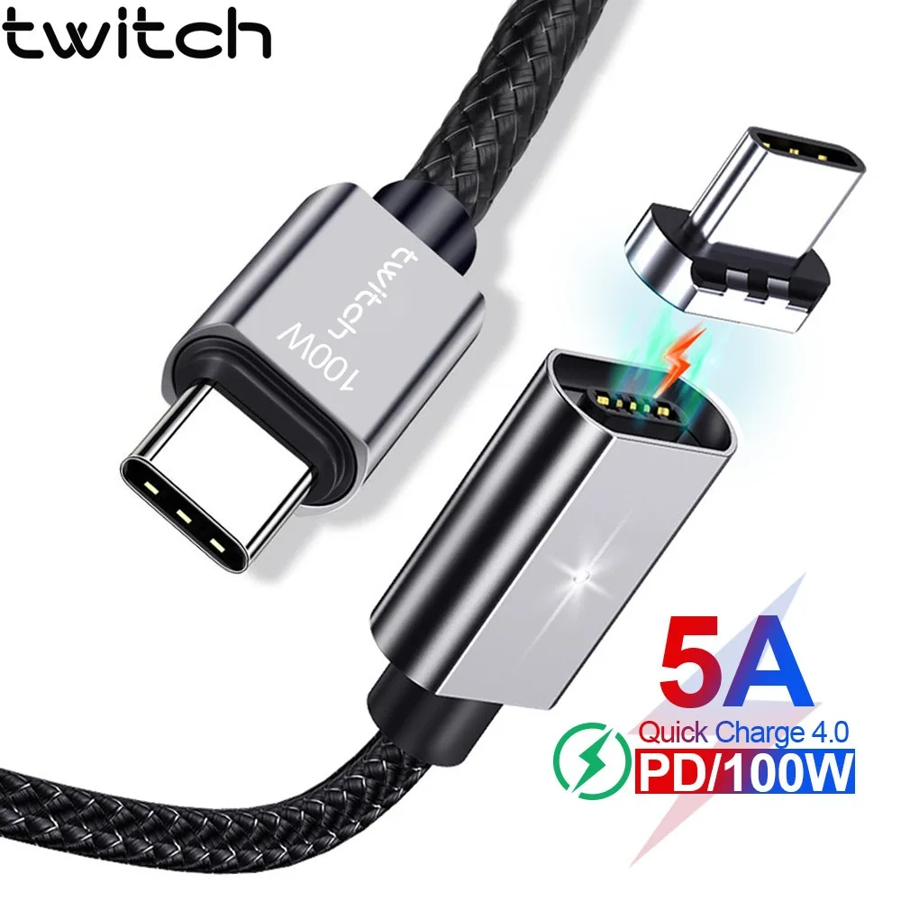 Магнитный кабель Twitch USB-C 100 Вт 5 А для быстрой зарядки и передачи данных Huawei Xiaomi