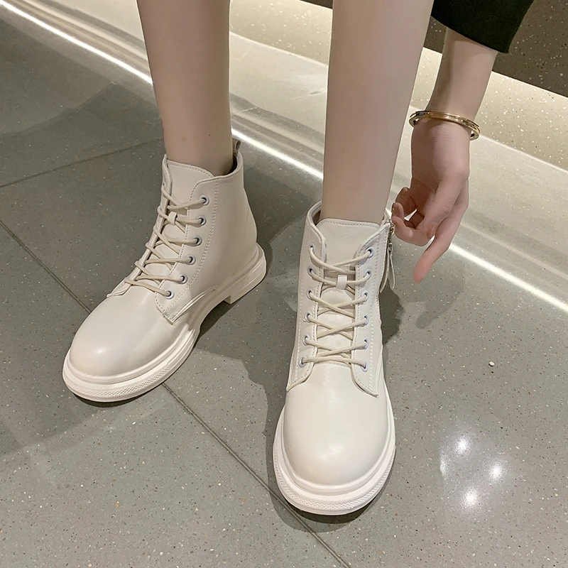 2021 Spring Autumn Leather Shoes for Women Fashion High-top Lace-up Shoes Thick Bottom Casual Short Tube Shoes Zapatillas Mujer