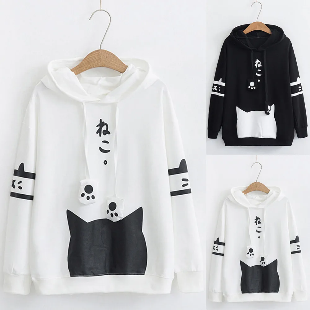 Womens Casual Long Sleeve Kitty Cat Print Pocket Thin Hoodie Top Sweatshirt Streetwear Women Oversized Hoodies Moletom Feminino