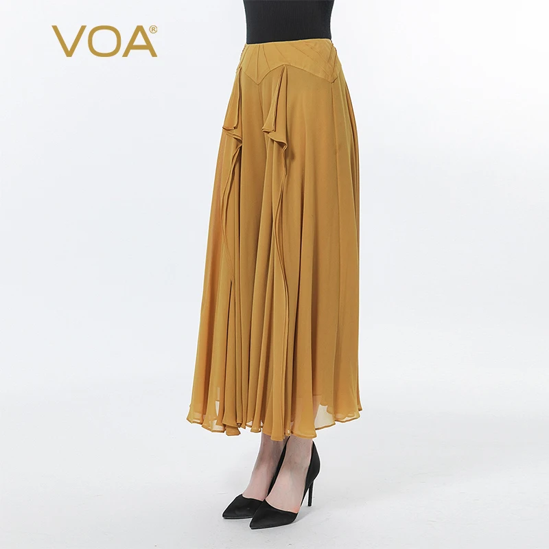

VOA Georgette Brown Natural Waist Stitching Three-dimensional Loose-leaf Decoration Double-layer Loose Wide-leg Trousers KE519