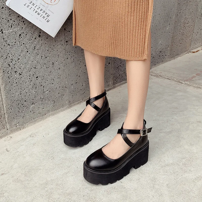 

2021 New College Student Shoes Girl LOLITA Shoes JK Uniform PU Leather Platform Heels Ankle Strap Womens Pumps 2021 New Spring