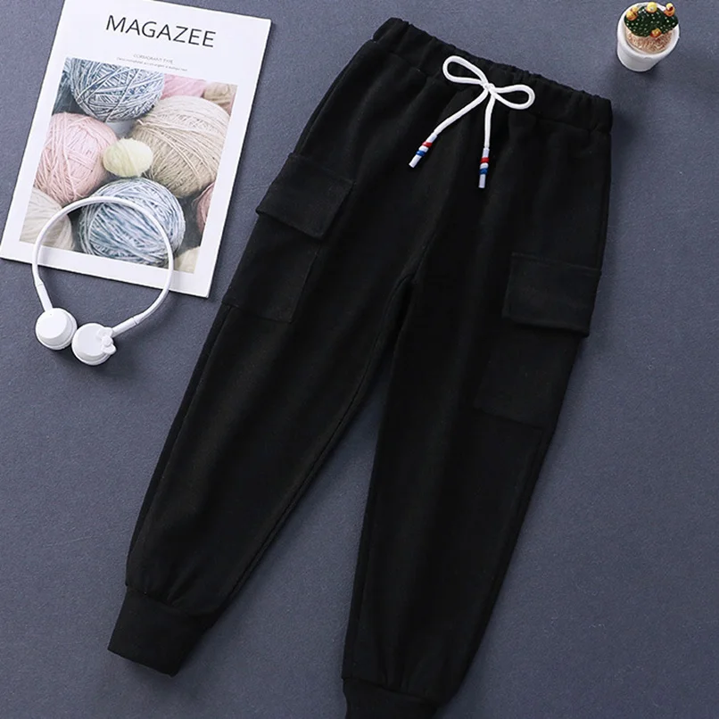 

Женские повседневные детские брюки, однотонные брюки с карманами на шнуровке, длинные брюки-карго для мальчиков и девочек, детские спортивн...