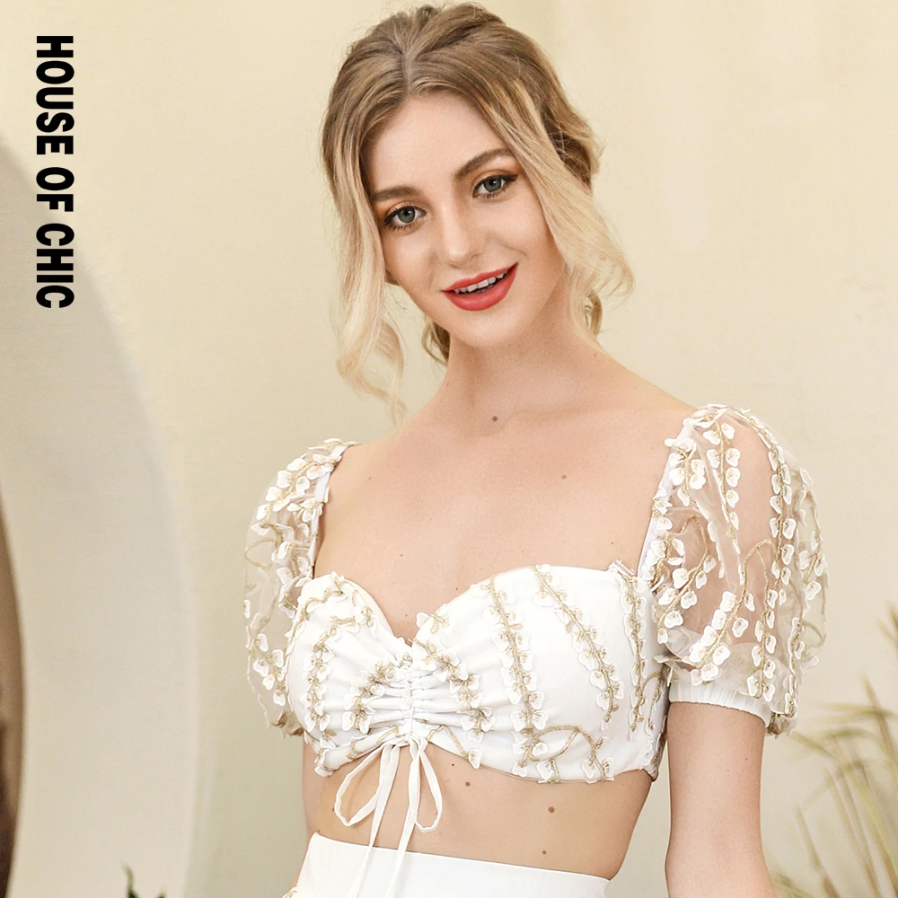 

HOUSEOFCHIC White Embroidered Lace See-Through Bubble Short-Sleeved Blouse LM82602T
