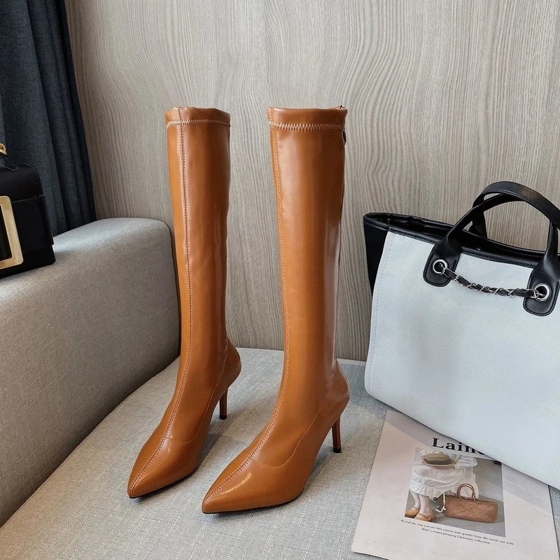 

Designer Knee-High Sexy Chelsea Boots 2021 Winter New PU Leather Fashion High Heels Goth Women Boots Casual Shoes Pumps Mujer