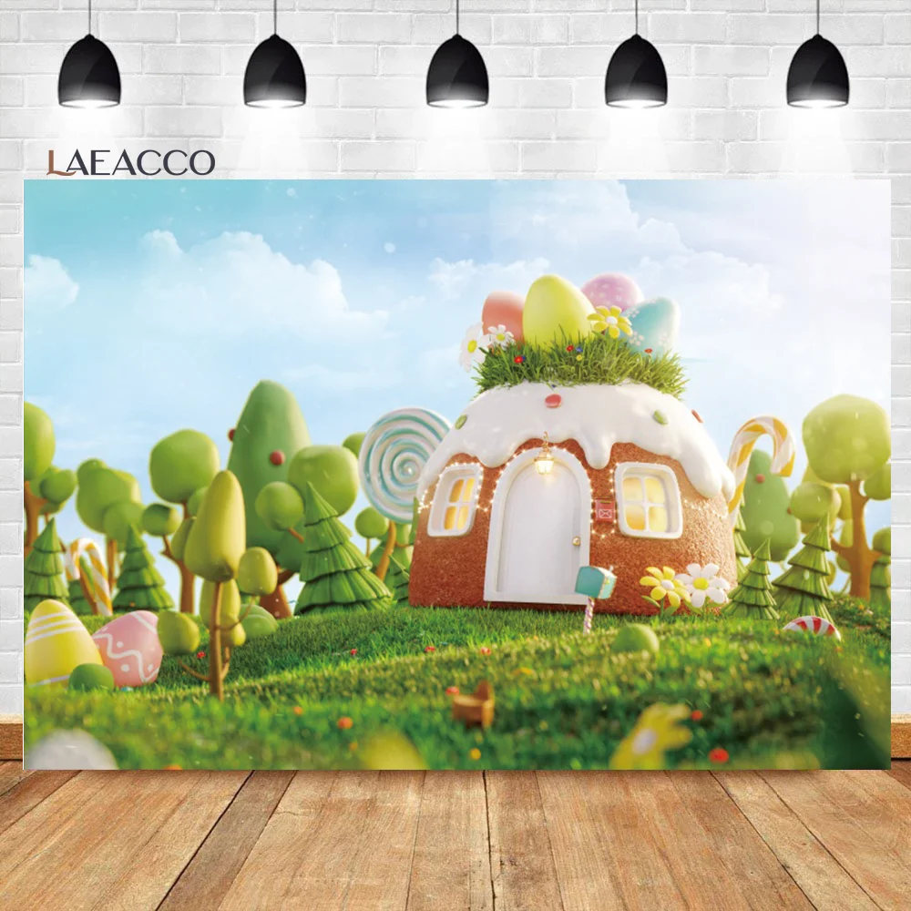 

Laeacco Candy Land Photography Backdrops Cartoon Ice Cream House Easter Eggs Baby Birthday Customized Portrait Photo Backgrounds