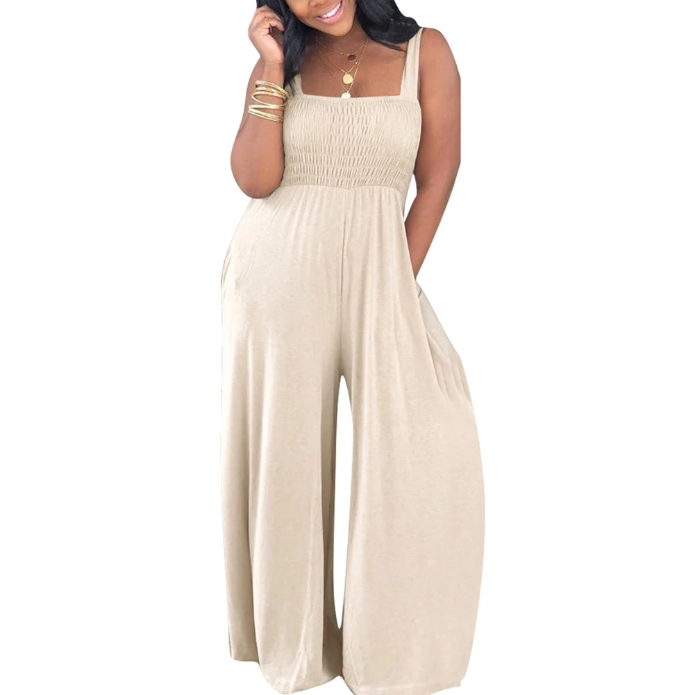 2021 New Style Female Wide Leg Jumpsuit Solid Color Square Neck Sleeveless Summer Loose Long Trousers Plus Size XXL |