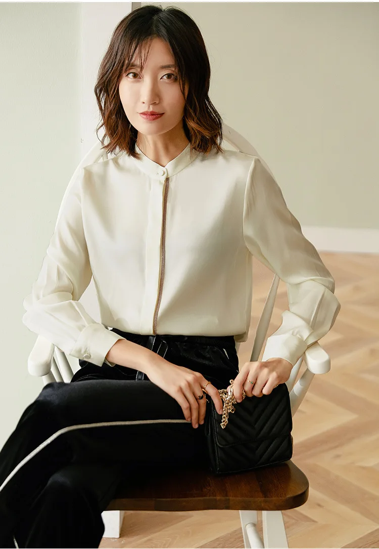 22 мм Тяжелая шелковая блузка Осень длинный рукав мягкая пятнистая рубашка