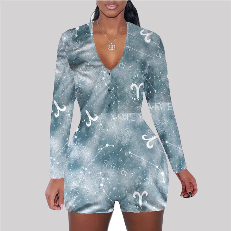 

Sexy Women V-neck Bodycon Sleepwear Constellation Print Jumpsuit Bodysuit Shorts Romper Leotard Long Sleeve Button Bodysuit New