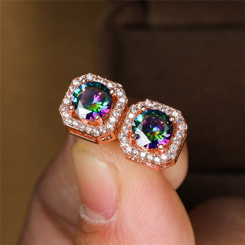 

Luxury Female Rainbow Crystal Stud Earrings Charm Rose Gold Color Wedding Earrings For Women Classic Bride Square Zircon Jewelry