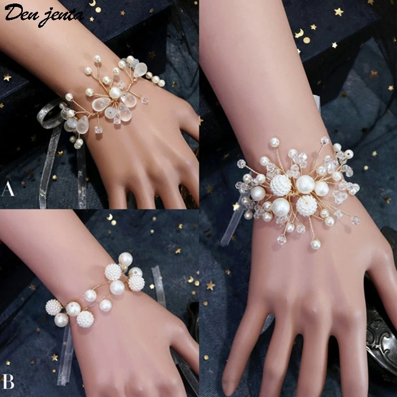 Ручной переплетенный белый цветок жемчужный браслет свадебный Аксессуар