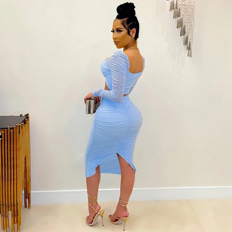 

Sexy Sheer Mesh Ruched Split Two Piece Set Women Square Neck Blouse Top And Pencil Skir Set Bodycon Vestidos Night Club Robe