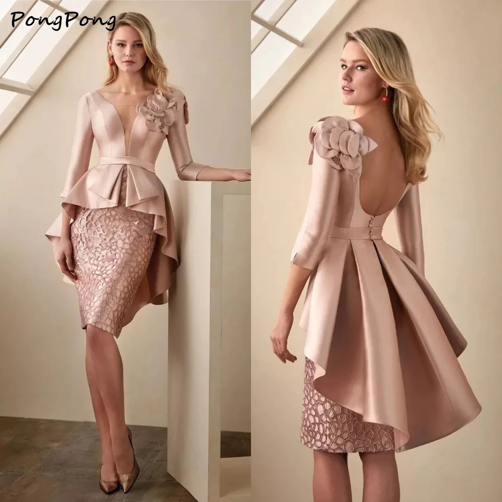 

Blush Short Prom Party Dresses Knee Length V Neckline 3/4 Sleeves Florals Evening Gowns Vestido De Fiesta