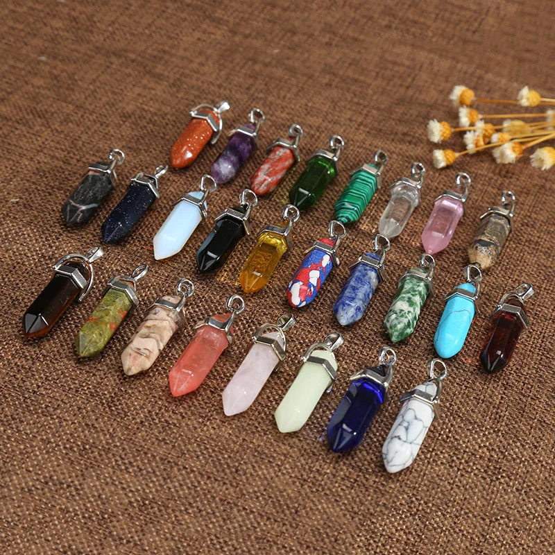 

Natural Stone Hexagonal Column Pendant Silver Color Ornament Charm Crystal Pendant For Jewelry Making DIY Necklace Accessories