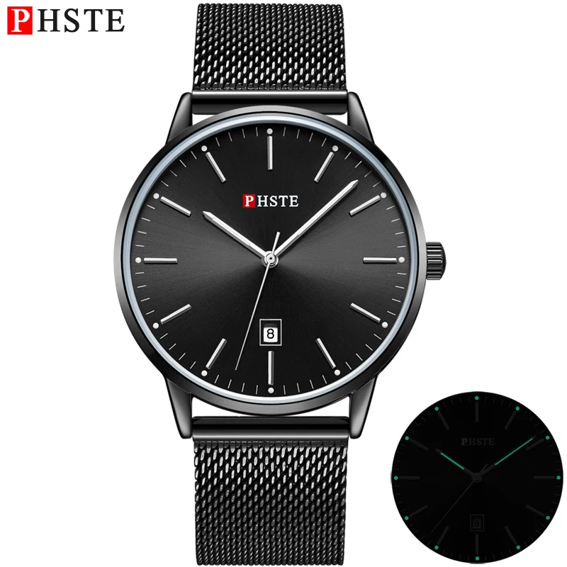 PHSTE Men Quartz Watch Japan Movt Luminous Date Thin Clock Waterproof Black Steel Mesh Luxury Male Wrist Watch Relogio Masculino