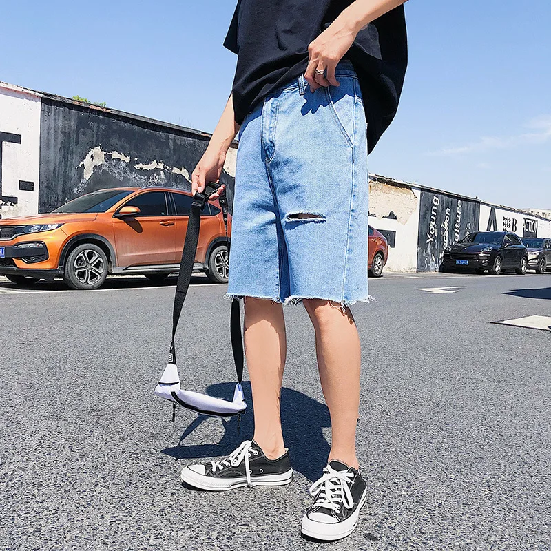 Solid Hole Knee Length Shorts Jeans Casual Fashion Men Short Denim Slim Homme Big Size | Мужская одежда