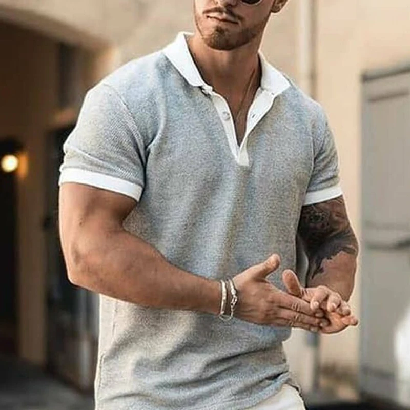 

Summer Pop Oversize Men Polo Shirt Buttons Jacquard Color Matching Loose Short Sleeve Streetwear Fashion Polo Shirt For Male Top