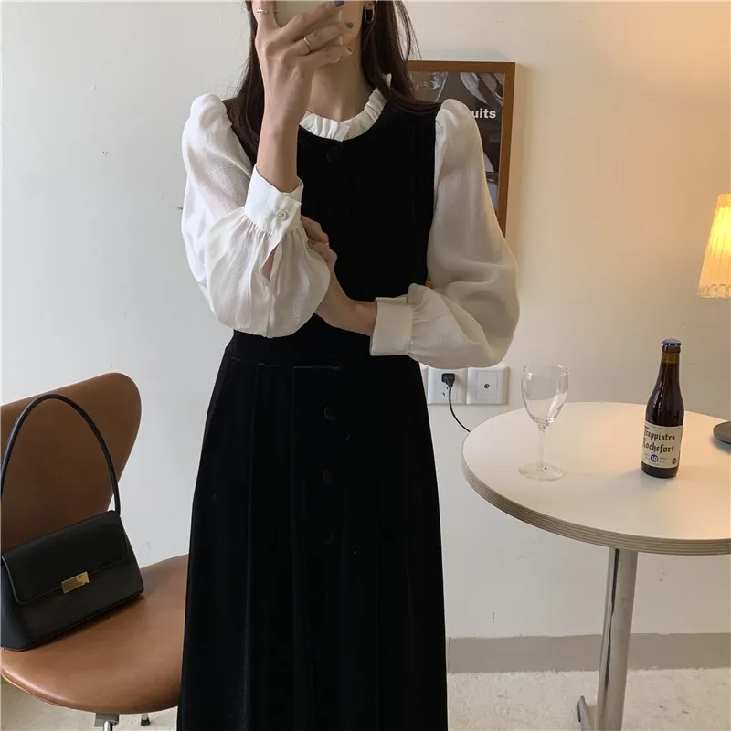 

HziriP 2021 New Arrival Women Dresses Korean Style Elegant Vintage Velvet Stitching Outwear Bottoming Maxi Dress Femme Vestidos