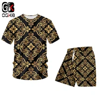 ogkb new royal baroque summer 2 piece suit 3d printed golden flower tshirt and short pants sets men harajuku plus size tracksuit