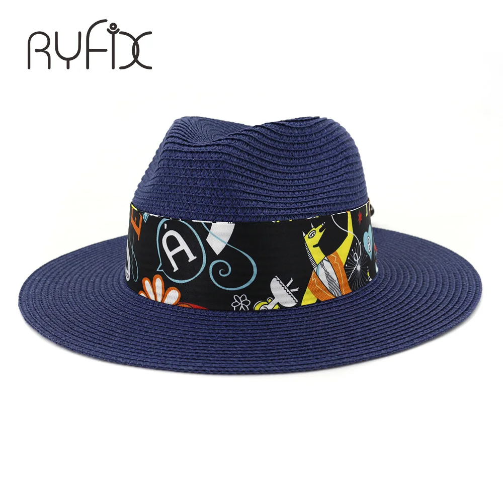 

Outdoor beach black design ribbon sun hat jazz hat lovers hat flat edge straw hat HA143