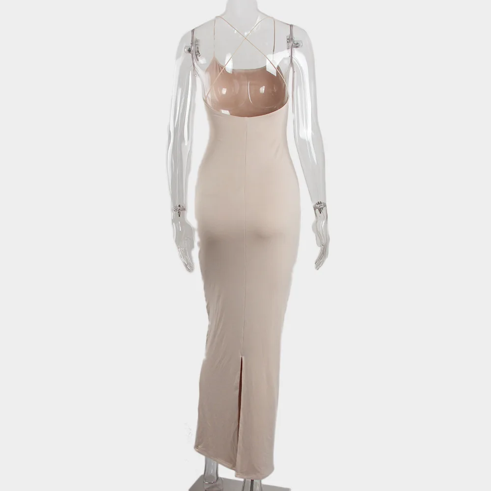 

2021 New Summer Fashion Camisole Spaghetti Straps Long Dress Solid Color Sexy Cross Backless Slim Bodycon Maxi Evening Dress