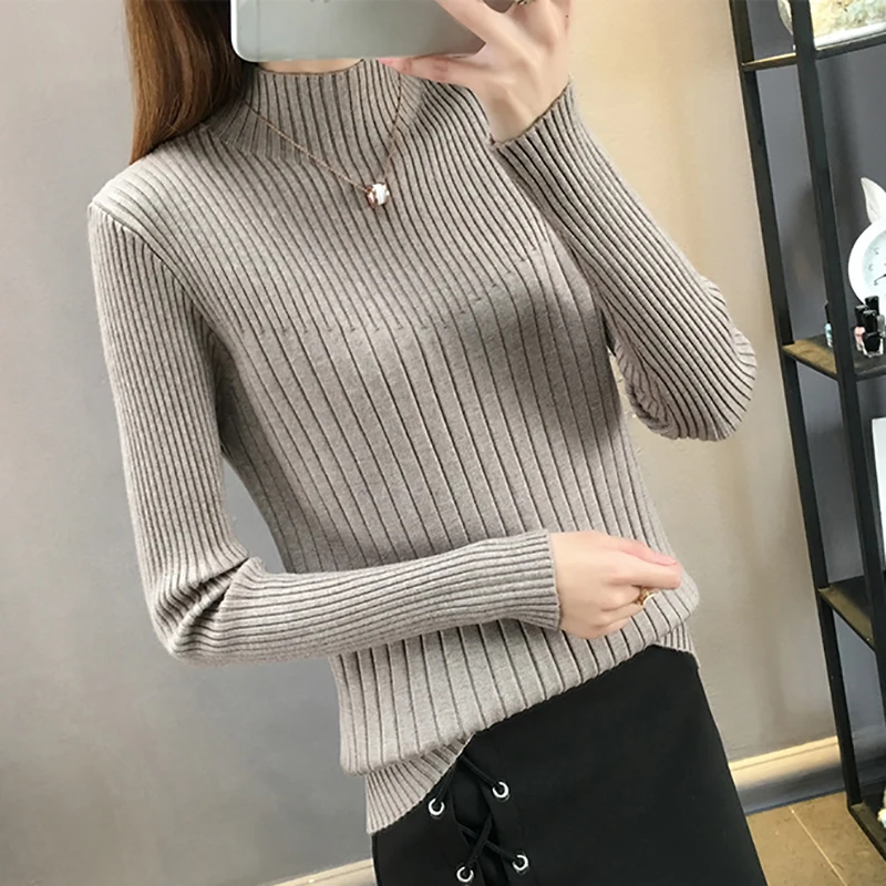 Turtleneck Long Sleeve Women Sweater Slim Stripe Knitted High Elastic Solid 2020 New Fall Winter Fashion Sweater Women Pullovers