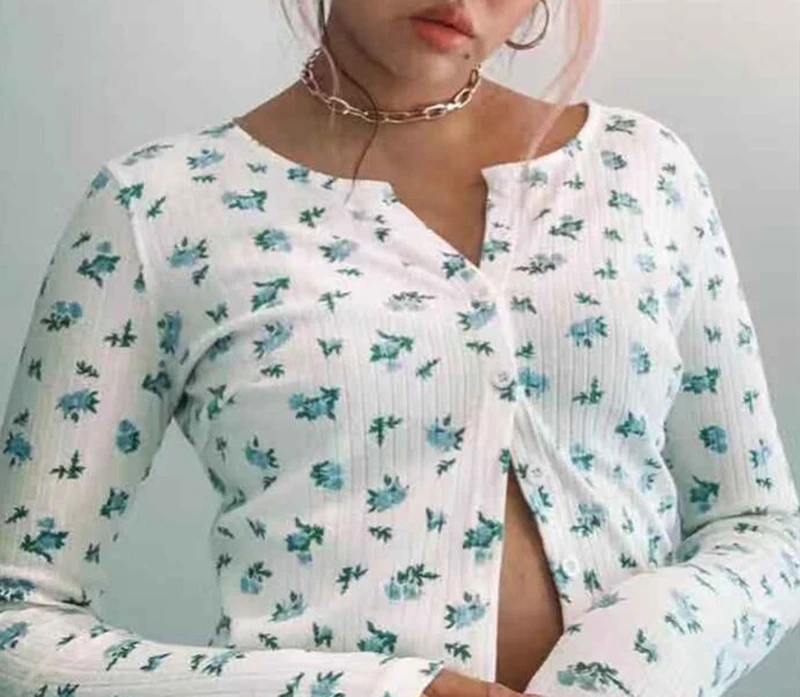 

Splend Moda 2021 Spring New Floral Print Single-Breasted Cardigan Fresh Short Long-Sleeve Slim O Neck Women Crop Top Fashion