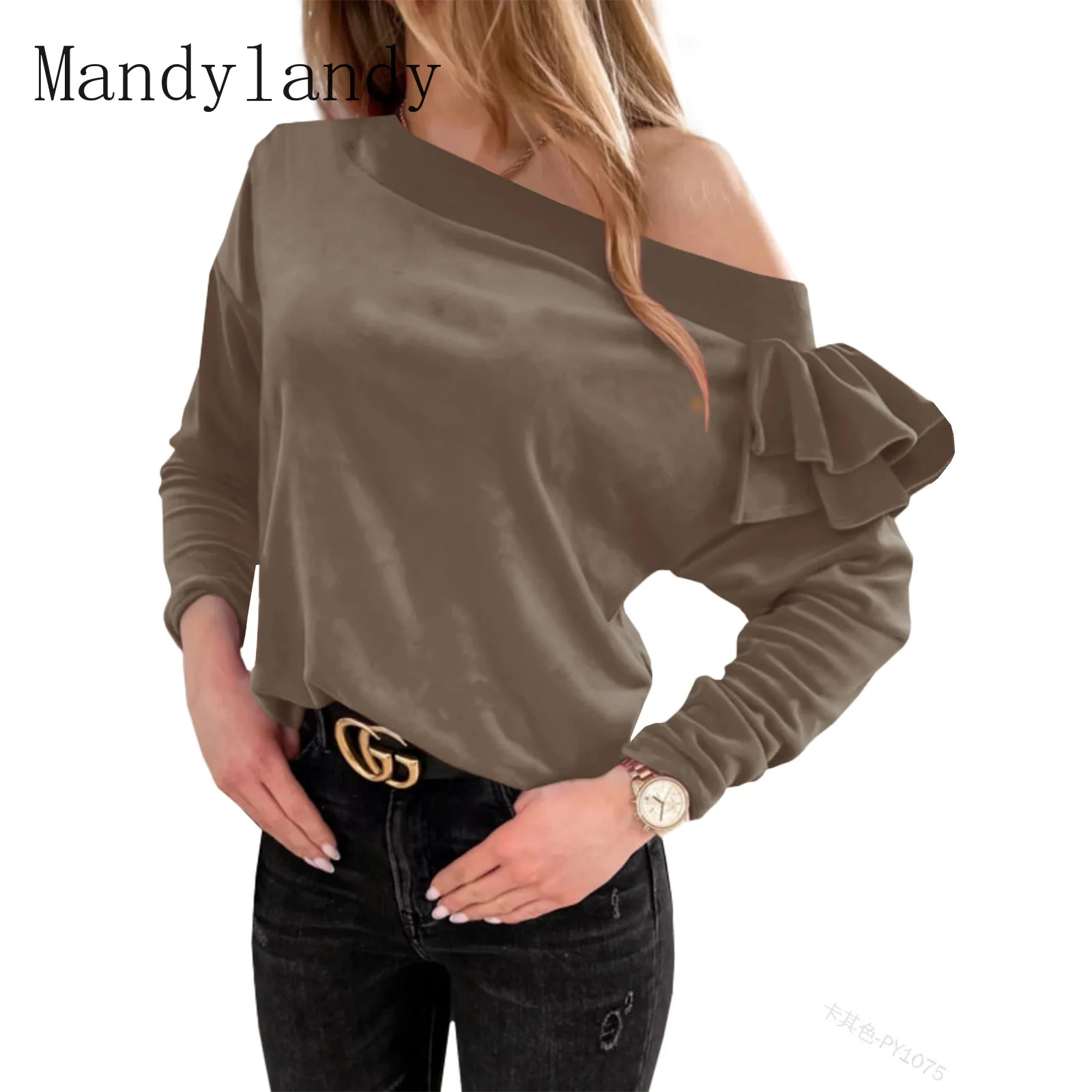 

Mandylandy T-shirt Autumn Sexy Long Sleeve Off-shoulder Ruffled Stitching T-shirt Women's Casual Solid Loose Pullover T-shirt