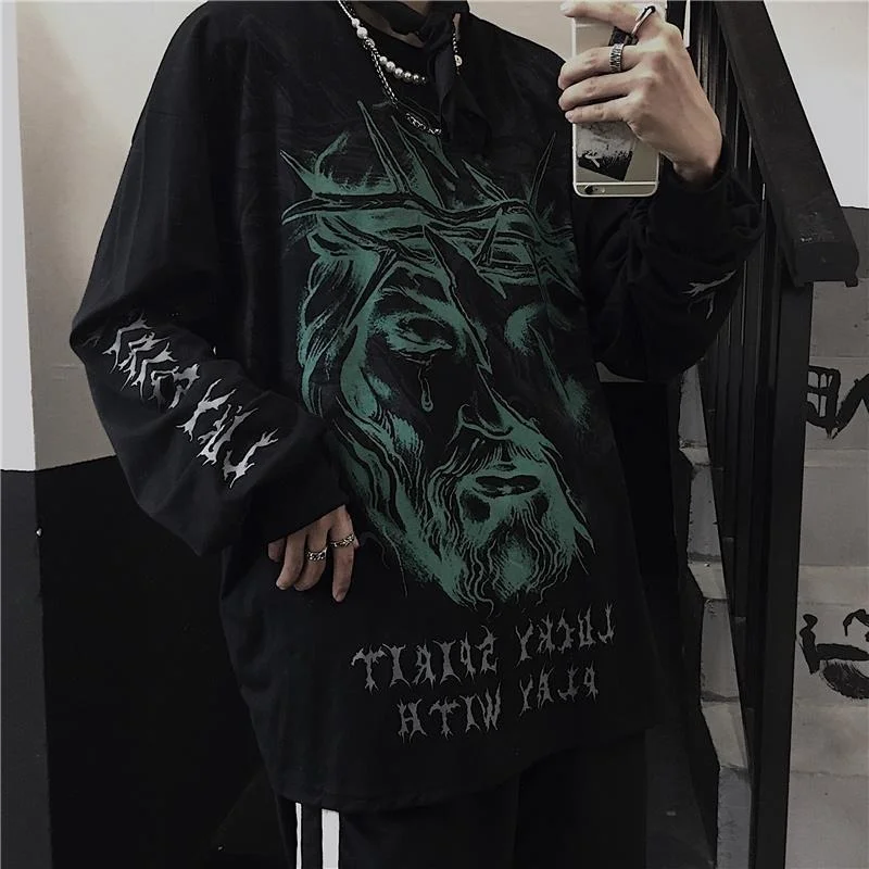 

QWEEK Gothic Goth T-shirt 2021 Harajuku Dark Oversized Black Streetwear Women Hip Hop Couples Mall Goth Tops Kpop Clothes