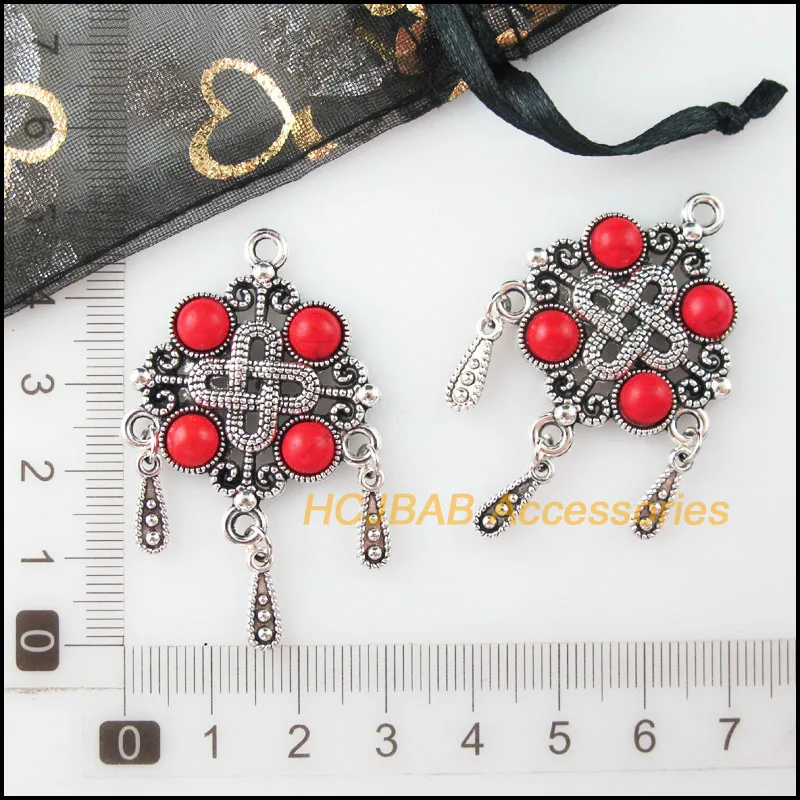 4 шт. Тибетский Серебряный тон китайский узел красный камень каплевидные