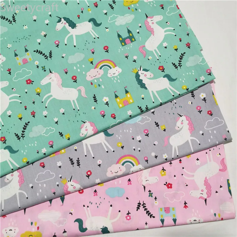 Хлопчатобумажная саржевая ткань с радужным принтом единорога 160x50 см Постельное