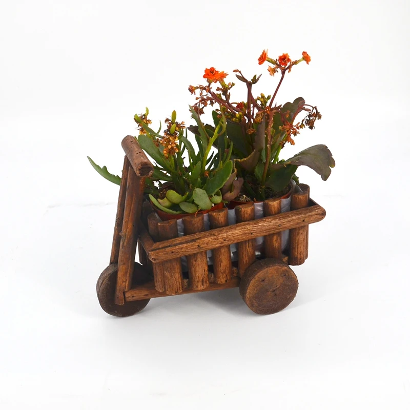 

Flower Pot Tabletop Plants Succulent Ornamental Wooden Cart Rustic Garden Decor Balcony Wheelbarrow Mini Planter Office