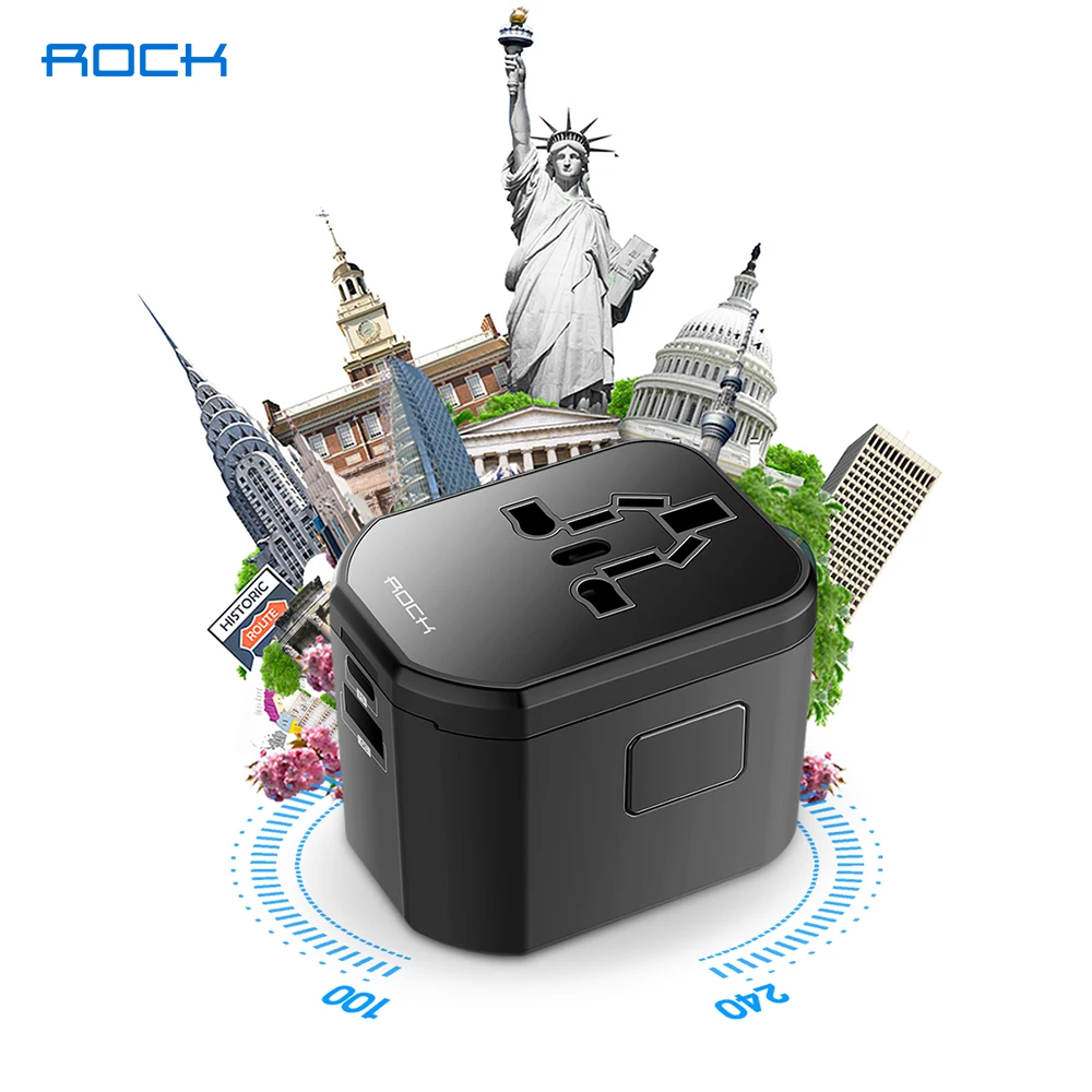 

ROCK Travel Power Adapter All in One Worldwide International Universal Wall Charger AC Plug Adaptor 3.0A USB Type-C For USA EU