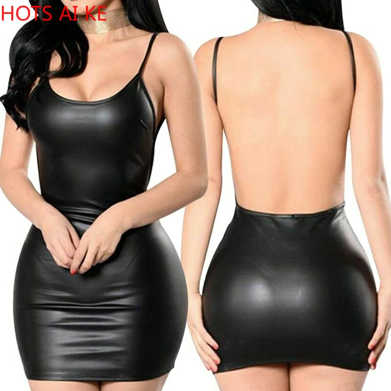 Sexy Faux Leather Dress Backless Club Party Short Dress Solid Black Wet
Look Latex Push Up Bra Mini Micro Dress