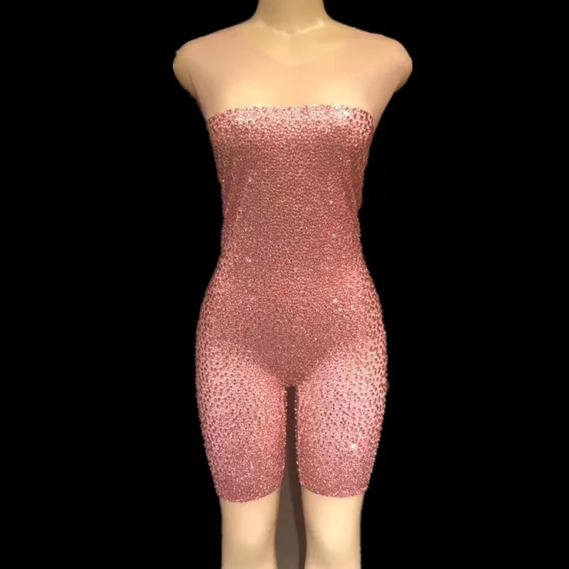 Sexy Pink Silver Rhinestones Playsuit Nightclub Prom Party Jumpsuits Women Stretch Skinny Bodysuits Jazz Singer Mv Dance Outfits