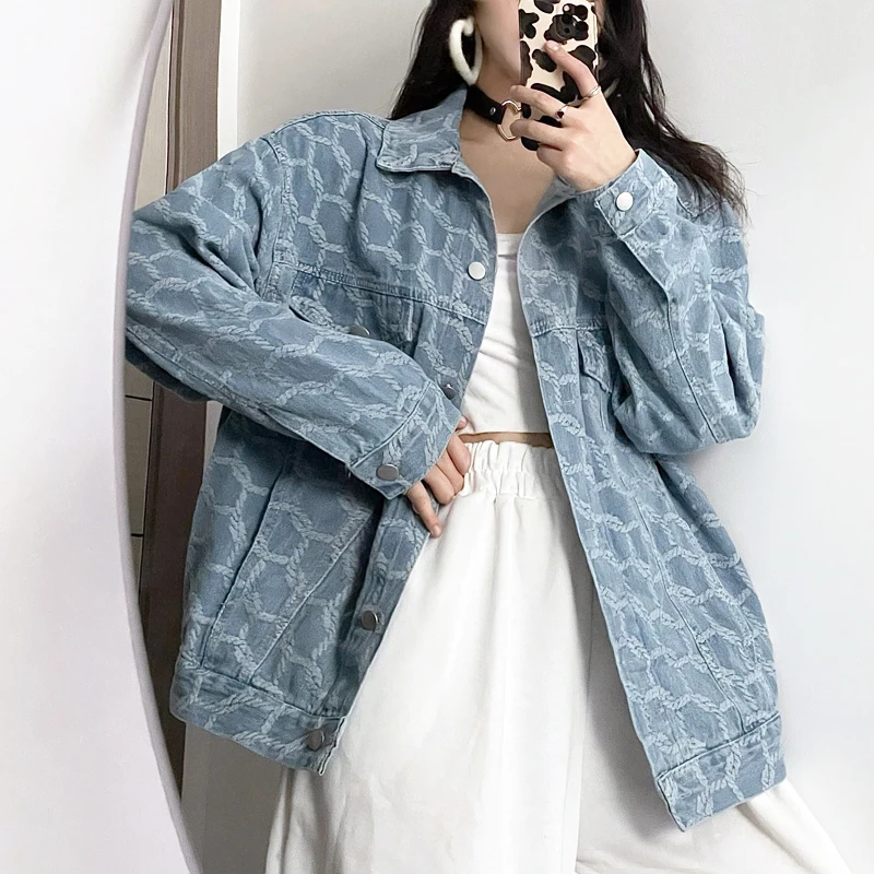 

Куртка женская джинсовая однобортная, свободная уличная одежда из денима с большими карманами, пальто в винтажном ковбойском стиле с мульт...