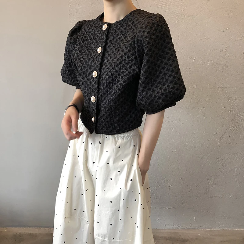 

French Retro Big Puff Sleeve Shirt Women 2021 Summer Short Sleeve Shirt Chic Elegant Loose Cropped Tops White Blouse