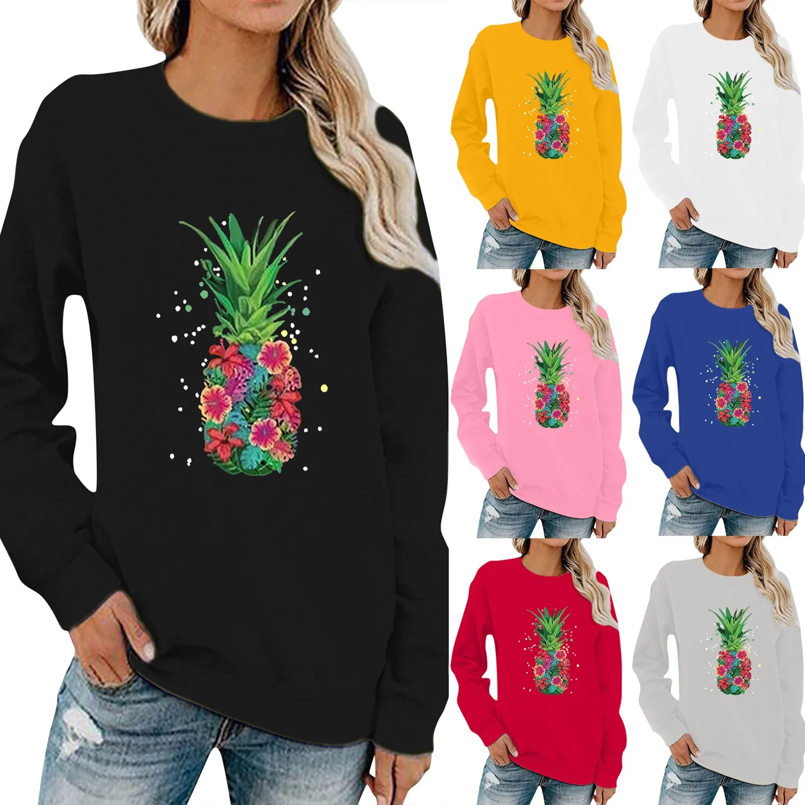 Женские Простые топы с круглым вырезом топ мультяшным принтом ананаса и длинным