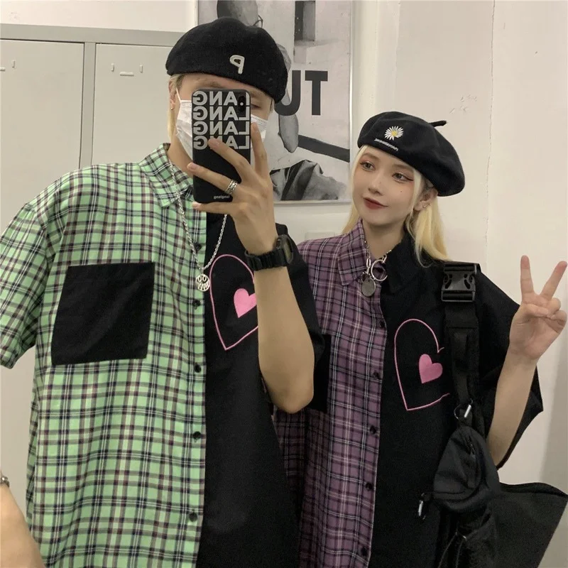 

Deeptown Plaid Shirt Harajuku Short Sleeve Blouse Women Heart Print Splice Paired Clothes Summer Designer Korean 2021 Vintage