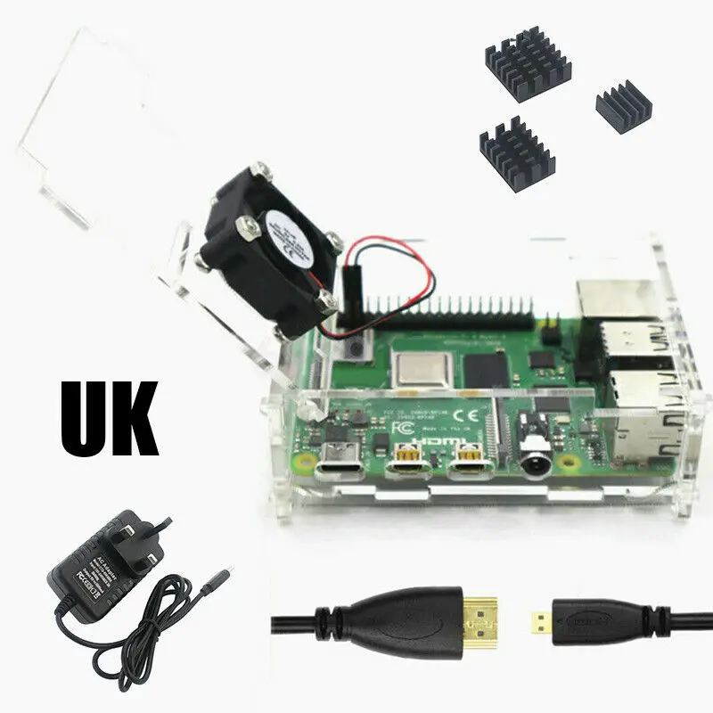 UK kit Новинка 5V 3A Мощность адаптер Micro HDMI кабель прозрачный акриловый чехол Корпус коробка с охлаждающим вентилятором теплоотвод для Raspberry Pi 4 модели B - Цвет: UK kit